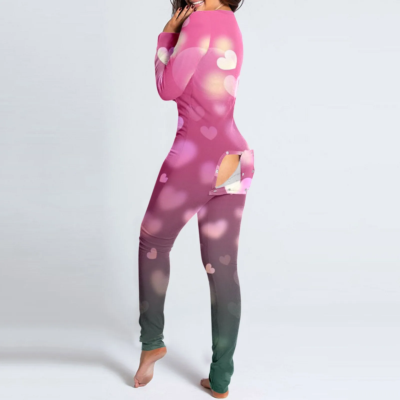 Womens Buttoned Flap Functional Onesies Pyjamas Button Down Jumpsuit Love Print Functional Buttoned Flap Adult Onesie Jumpsuits