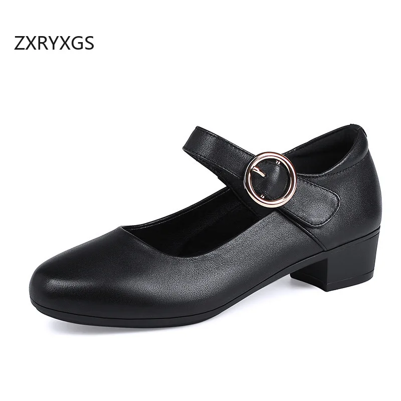 ZXRYXGS Top Cowhide Black Shoes Soft Sole Mid Heels 2026 Plus Size Real Leather Shoes Women's Office Work Banquet Shoes 3 Styles