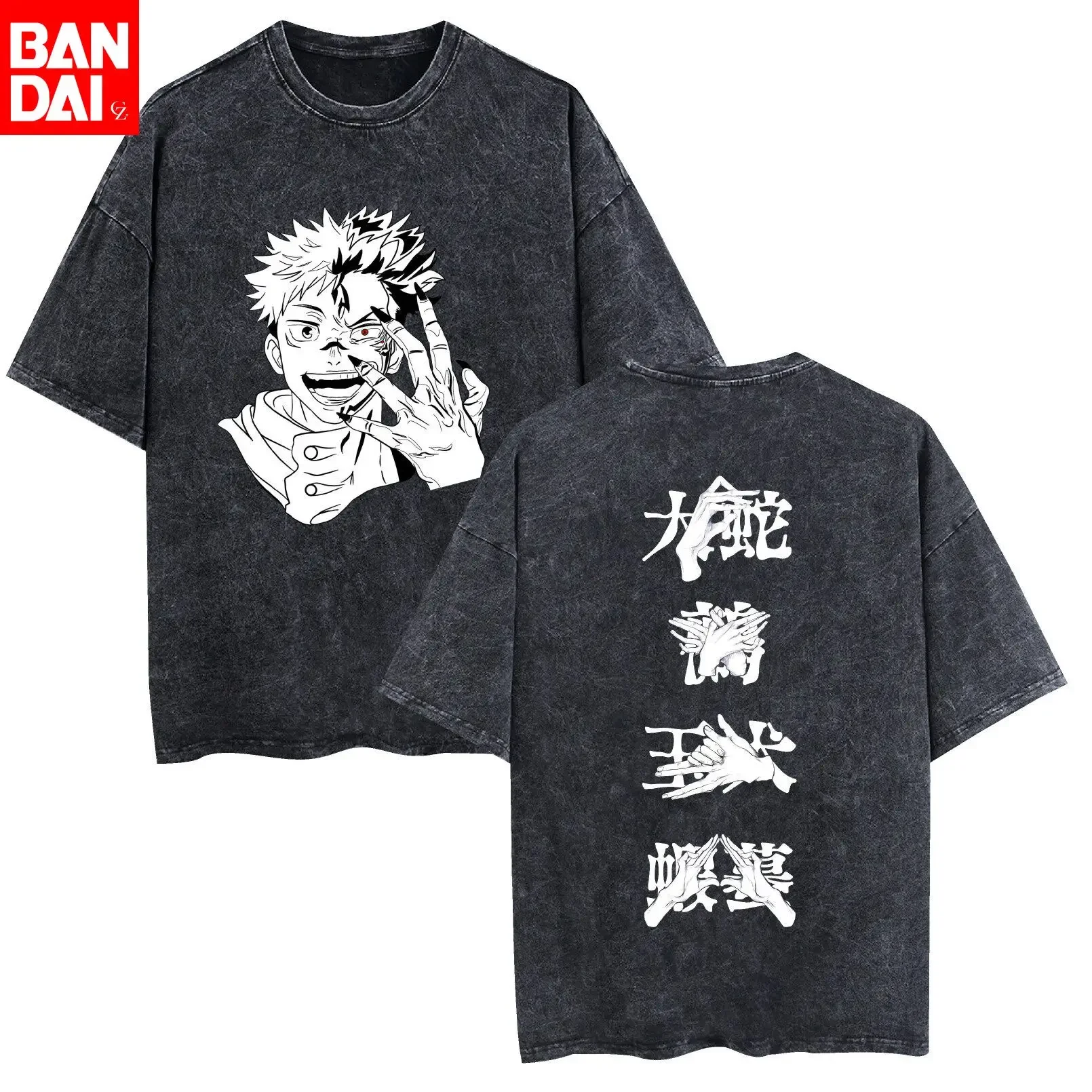 Jujutsu Kaisen Yuji Itadori Sukuna Hand Signs Double-sided Vintage Washed T Shirt 26 Summer Oversized  Graphic Tee for Men Women