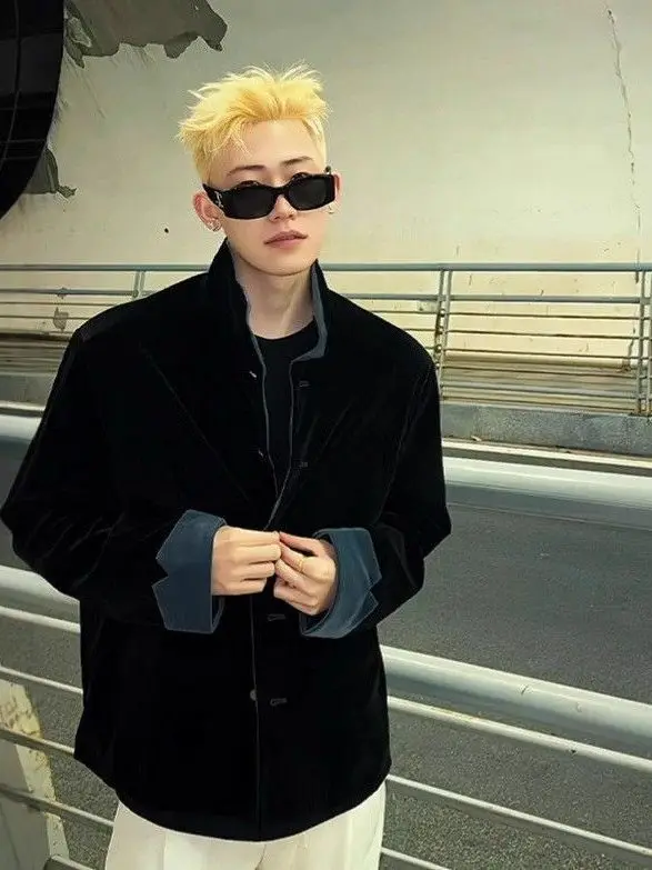 جديد الصينية Sle بدلة مخملية Jaet الرجال Bla عادية الوقوف طوق طويل Sve Faionable الخريف الترفيه معطف الغربي #3