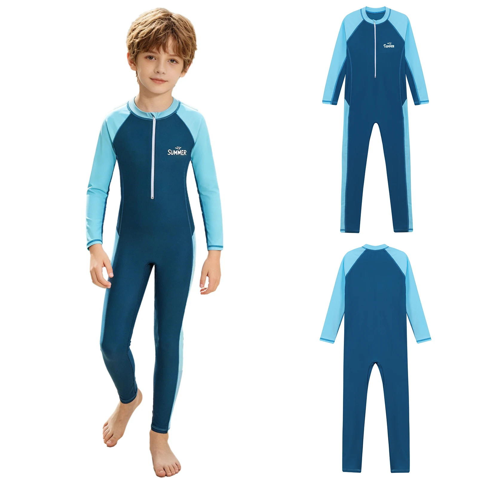 Einteiliger Badeanzug für Kinder, Jungen und Mädchen, Ganzkörper-Badebekleidung, langärmlig, Reißverschluss vorne, Sport-Strandbekleidung, Badeanzüge, UPF 50+, Rash Guard