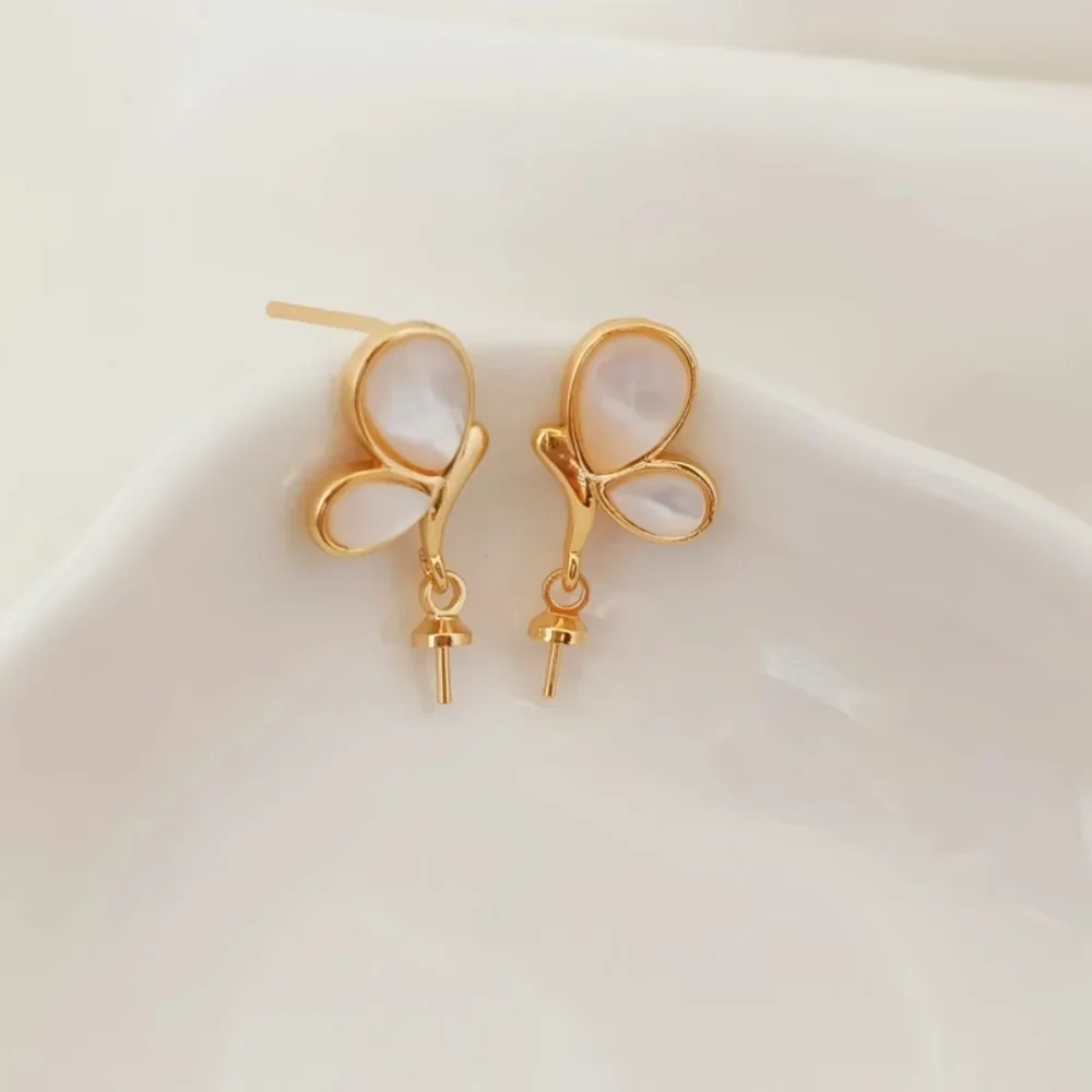 

14K Copper Plated Gold with Plump Face White Shell Butterfly Pendant Hat Rest Needle Ear Needle DIY Handmade Earrings Accessorie