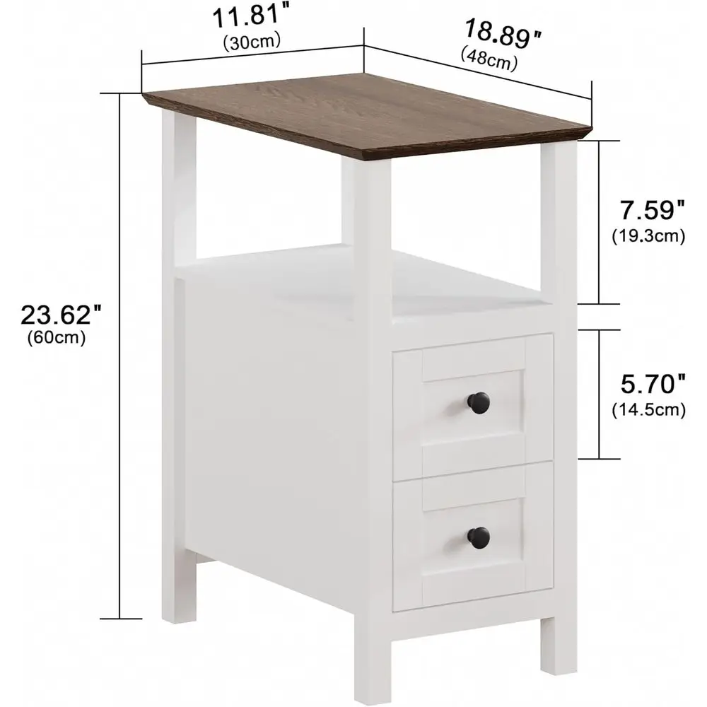 ホワイト 2 ピース ファームハウス エンドテーブル セット、3 段ナイトスタンドと狭いスペース用のスリムなベッドサイドテーブル付き