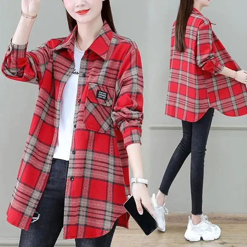 Spring Autumn New Loose Slimming Mid Length Checkered Shirt for Women\'s Western Style Age Reducing Coat Commuting Versatile Top