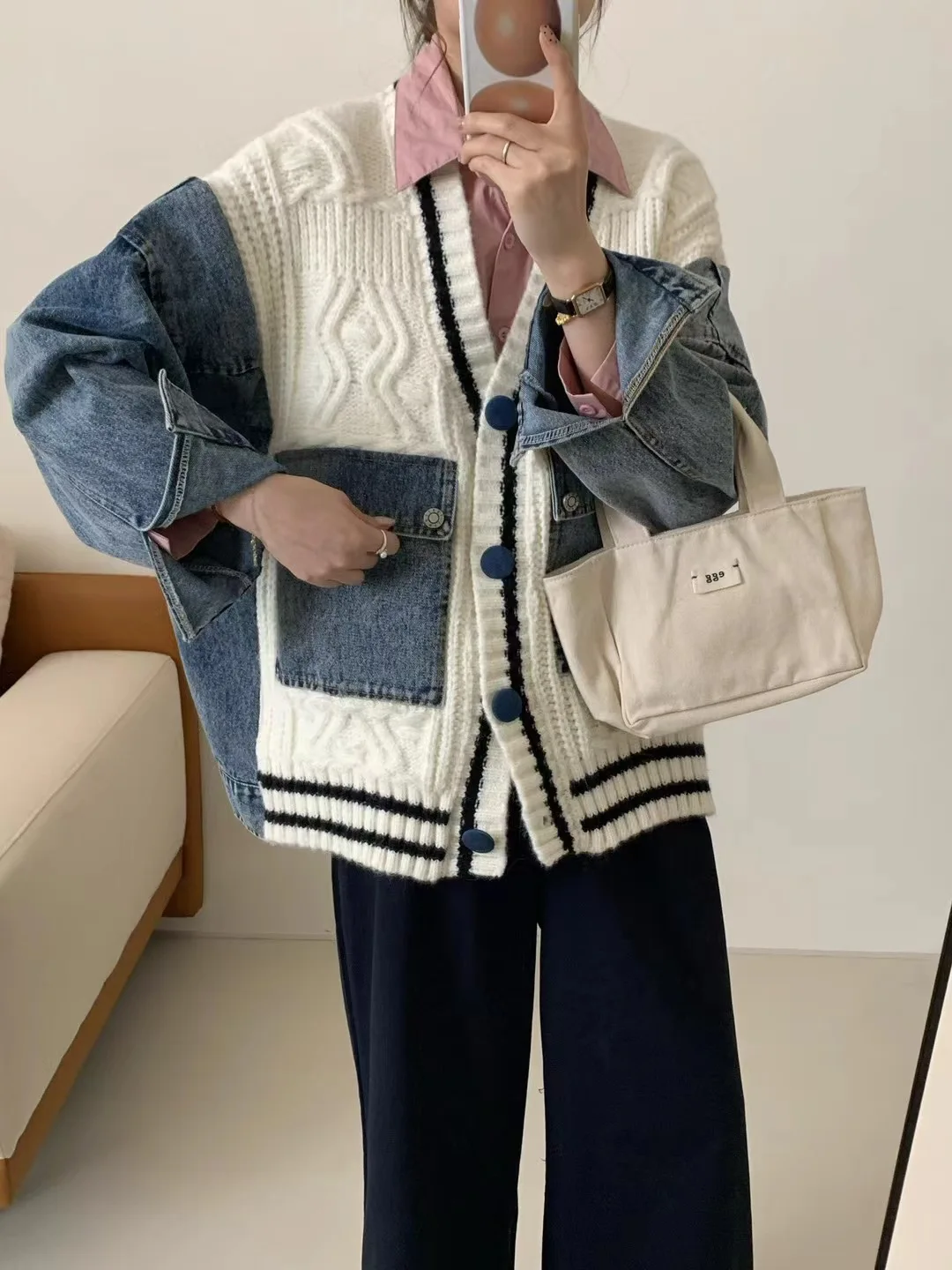 

JHJN Heavy Industry Fried Dough Twist Cowboy Splicing Cardigan Big Pocket Single-Breasted Hairy Girl Knitted Sweater Jacket