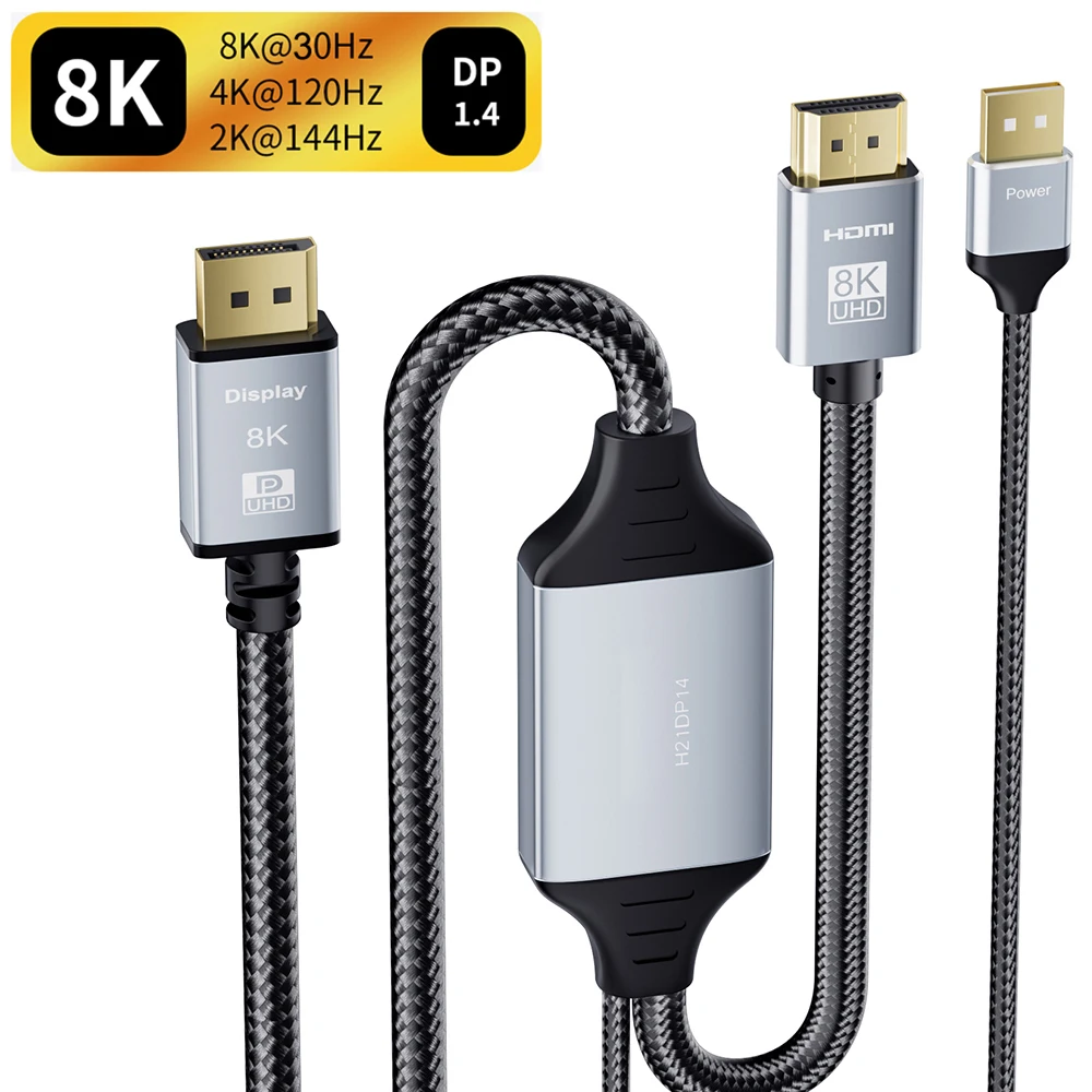 8K HDMI 2.1 do Displayport 1.4 kabel HDMI do Displayport 144Hz konwerter kabel adapter HDMI 2.1 do Displayport 1.4 out