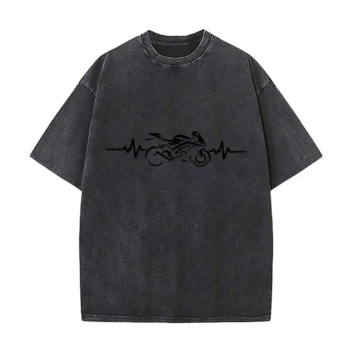 Sport Motorcycle Heartbeat Pulse Motorbike Rider Graphic Distressed Faded Baggy Streetwear Tops for Park Hangouts