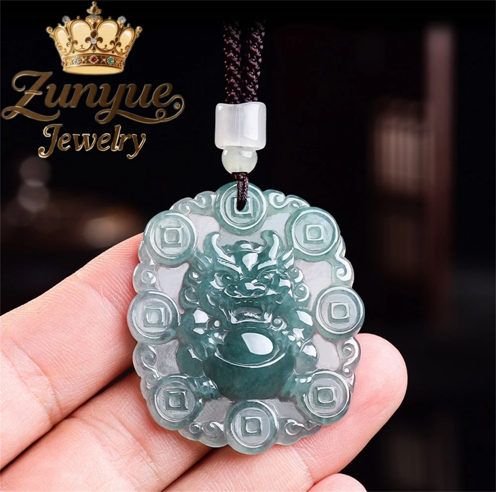 

Grade A Natural Blue Water Jadeite Pixiu Pendant Fine Carved Coin & Ingot High-End Fashion Luxury Quality Engraver Jewelry Gift