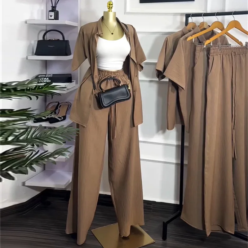 

Two Piece Sets Pant Set Women Turn Down Collar Short Sleeve Shirt Top Wide Leg Long Pants Casual Loose High Waist Y2k Streetwear