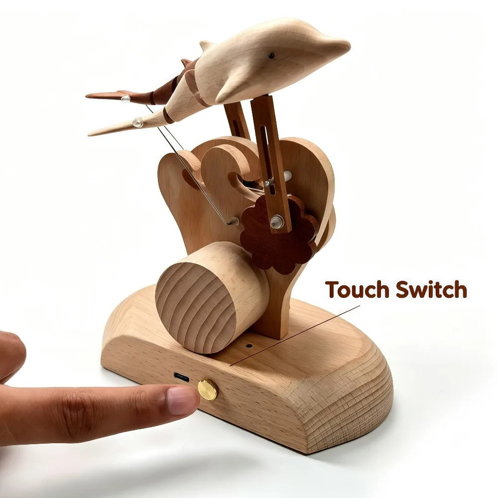 Wooden Dolphin Automaton Kinetic Marine Art, Moving Dolphin Figurine, USB Rechargeable, Hand‑Carved Desktop Decor for Gift