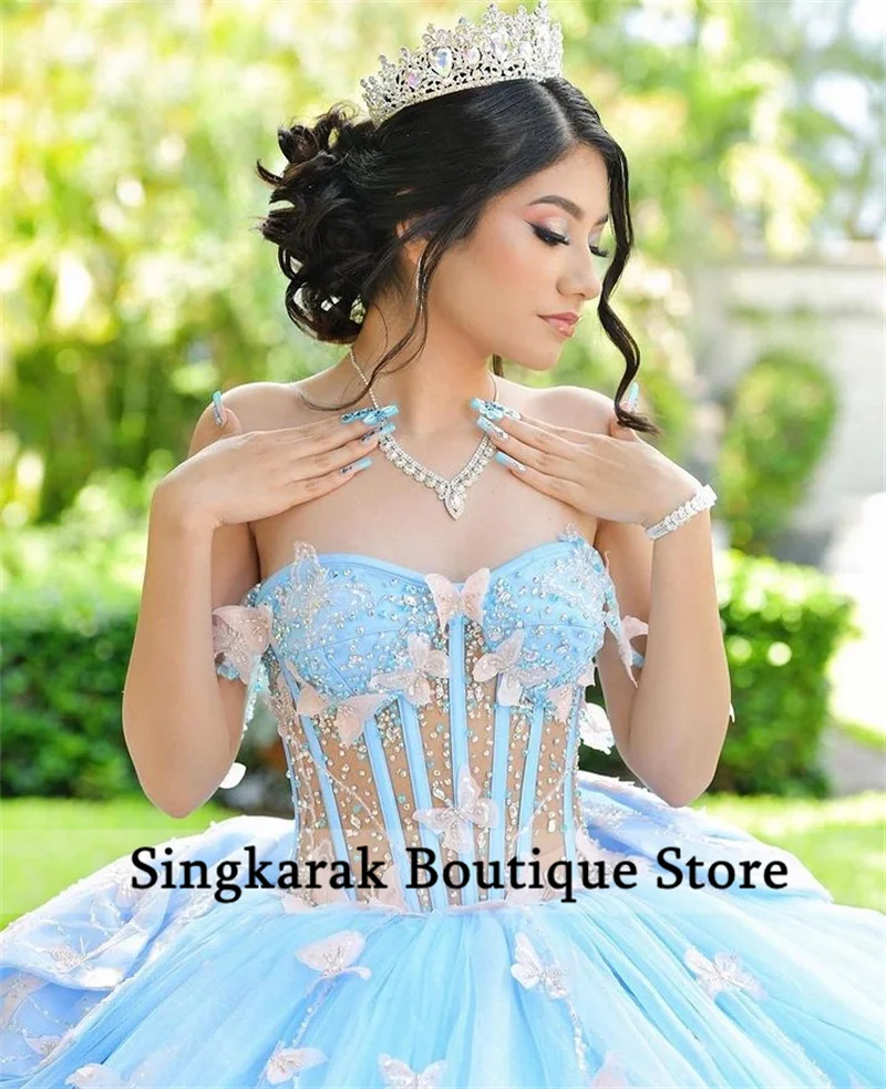 Gaun putri biru langit Quinceanera manik-manik applique kupu-kupu gaun ulang tahun kristal manis 16 gaun disesuaikan