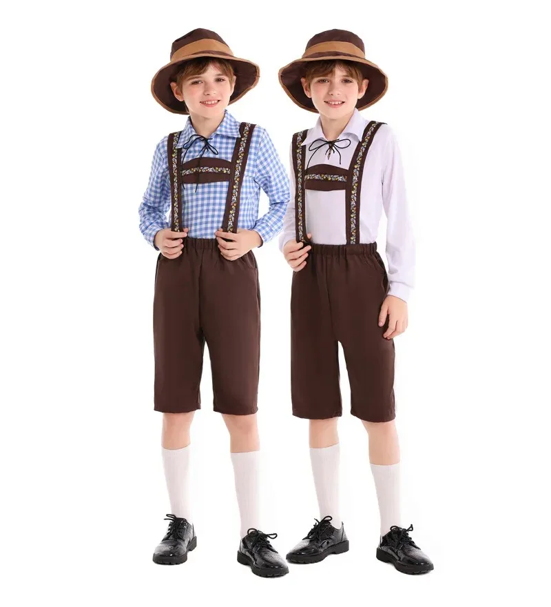

Children's Children's Day German Beer Festival Clothing Alpine Folk Blue Grid Strap Ethnic Boys' Clothing