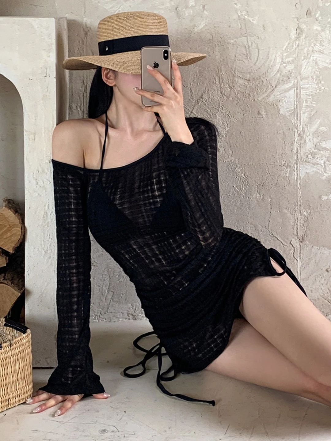 

Новый женский комплект бикини из трех предметов: топ с открытыми плечами, длинный рукав, термобелье для весеннего сезона, сексуальный, облегающий, с эффектом коррекции фигуры, накидка