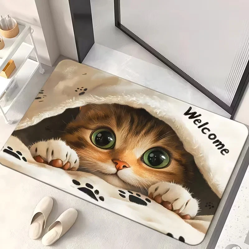 VIKAMA Welcome Cat Paw Print Doormat, Cute Tabby Cat Entrance Rug, Non-slip Washable Absorbent Front Door Home Floor Mat