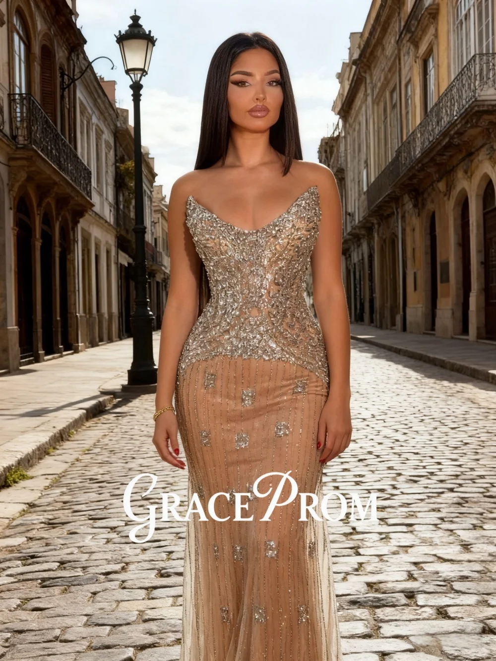 

Вечернее платье GraceProm с кристаллами шампанского, гламурное сетчатое вечернее платье без бретелек длиной до пола, вечернее платье трапециевидной формы, блестящее вечернее платье