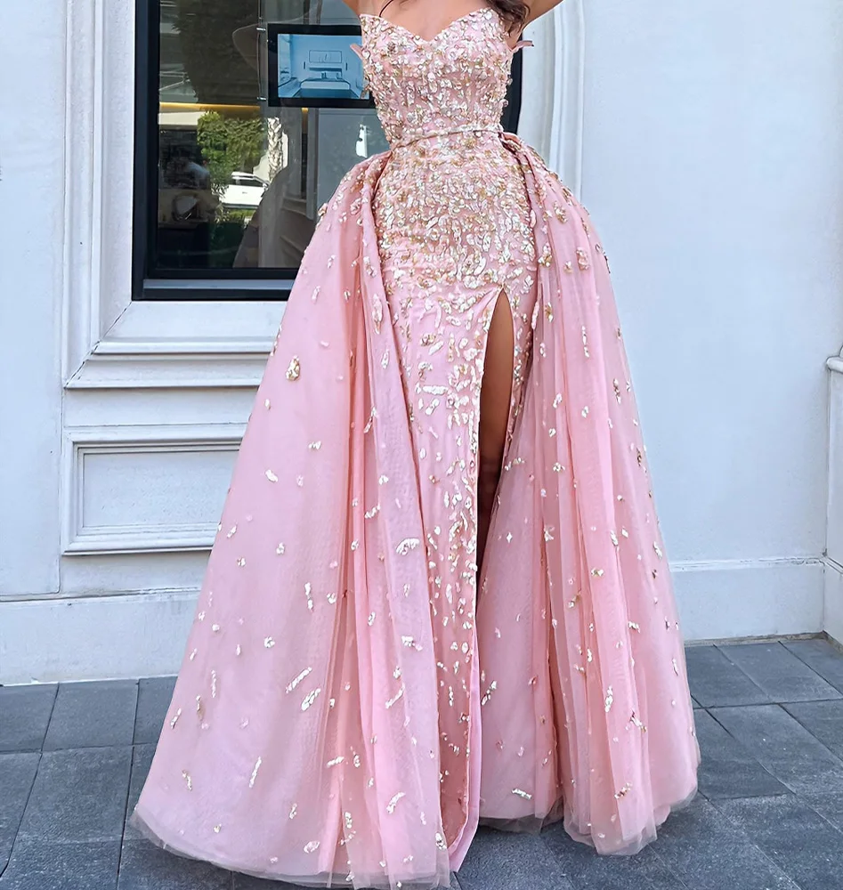 

Customized Delicate A-Line Floor Length Strapless Organza Crystal Pleats Evening Dress Classic Photo Color vestidos para mujer