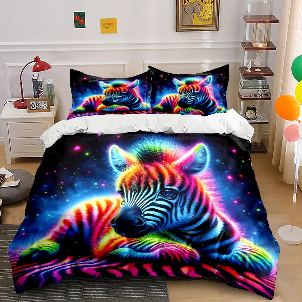Rainbow glowing dreamy zebra Print Bedding Set 1 Duvet Cover 2 Pillowcases for Adult and Children Luxury Gift Full Size