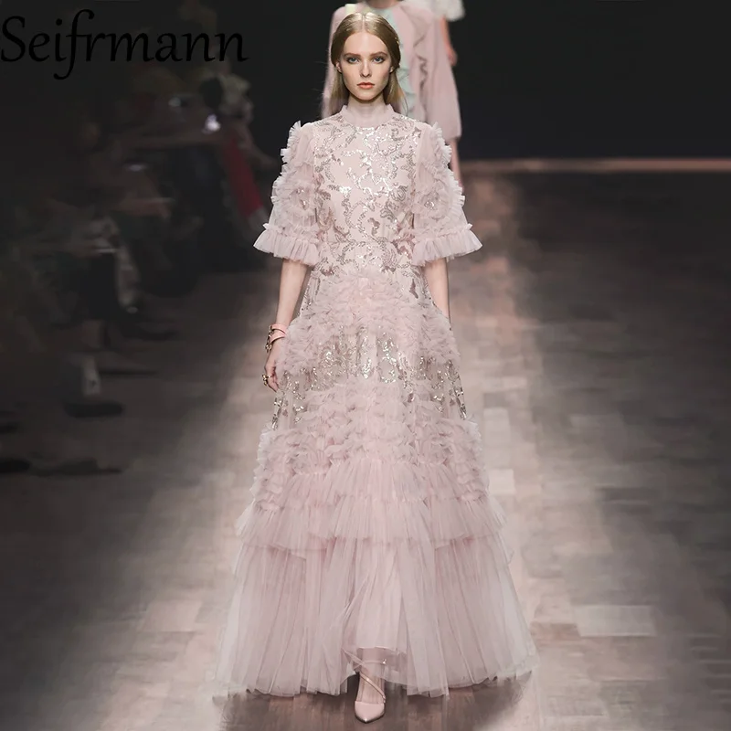 Seifrmann Mesh-Paillettenkleid mit Rundhalsausschnitt, kurzen Ärmeln, Perlenbesatz an der Taille, langes Kleid, Sommer 2026, modische Damenbekleidung