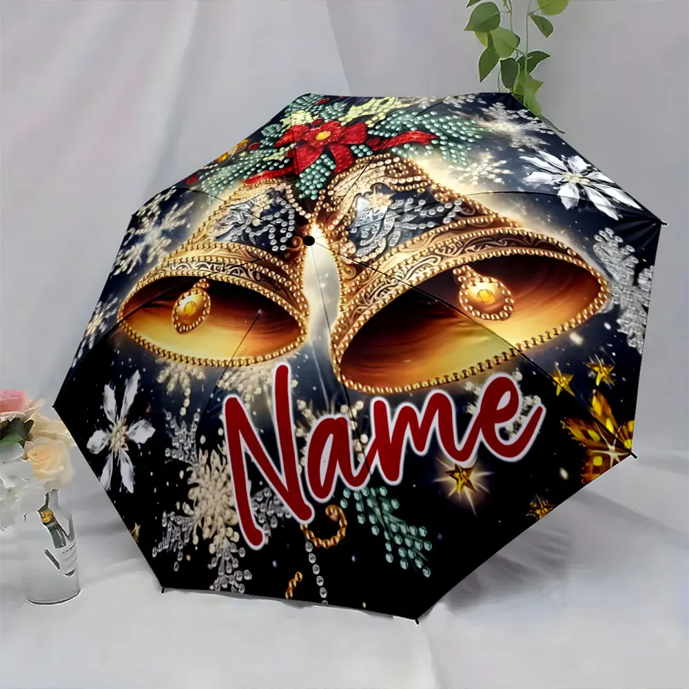Custom Name Festive Bell-Themed Umbrella with Elegant Christmas Design 8 Iron Ribs Folding Umbrella Auto-Open Fashion Sunshade