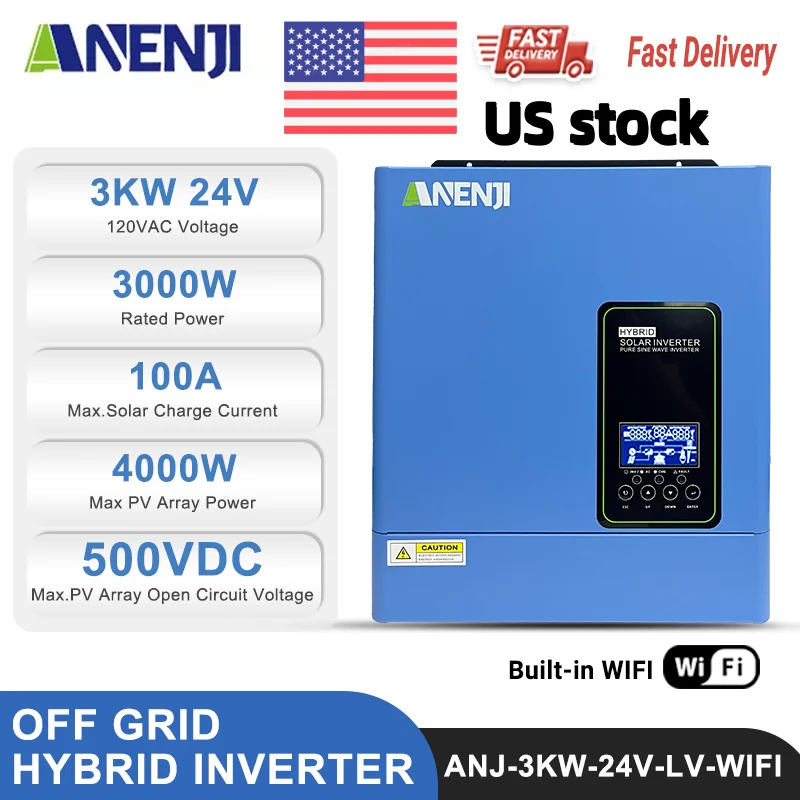 ANENJI US stock 3KW 24V hybrid Solar Inverter 110-120V built-in MPPT 100A Charger Controller Pure Sine Wave Home Inverter WiFi