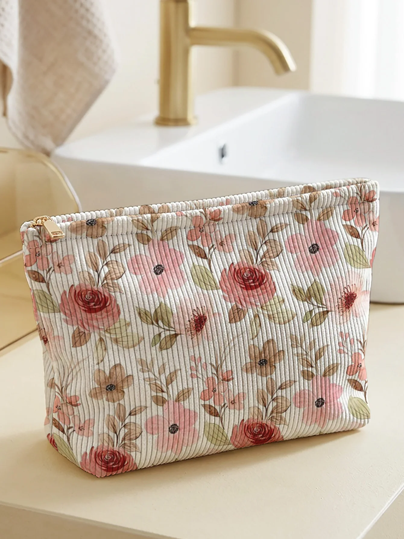 Vintage rose floral patterned corduroy makeup bag, lightweight zipper pouch, multifunctional lined bag for cosmetics