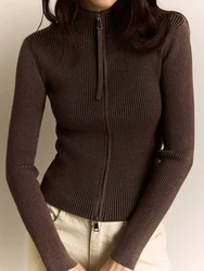 Trendix Women Winter Knit Cardigan Fashion Stand Collar Patchwork Long Sleeve Zipper Sweater Femme Slim Knitted Rib Cardigans