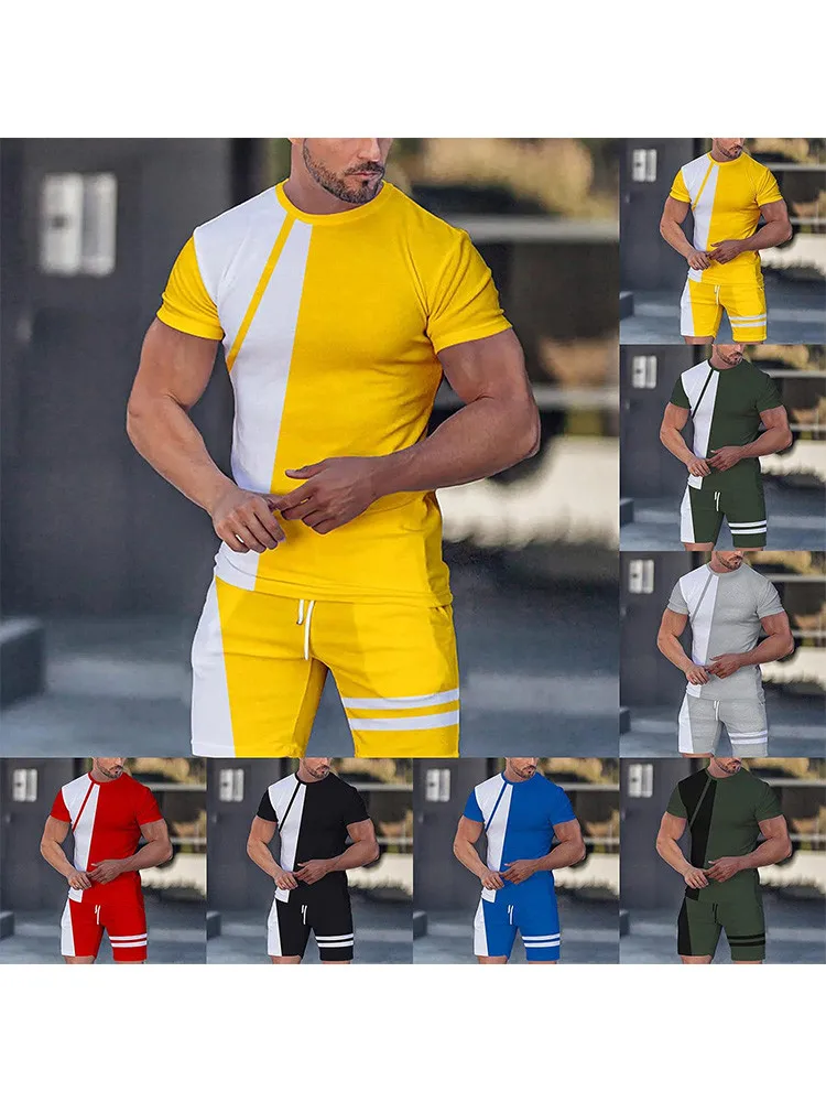 Patchwork Impression Hommes 2 Pièces De Mode Décontractée T-shirt Ensemble D'entraînement Survêtement Chemise Et Shorts Ensemble Sport D'été Tenue Ensembles