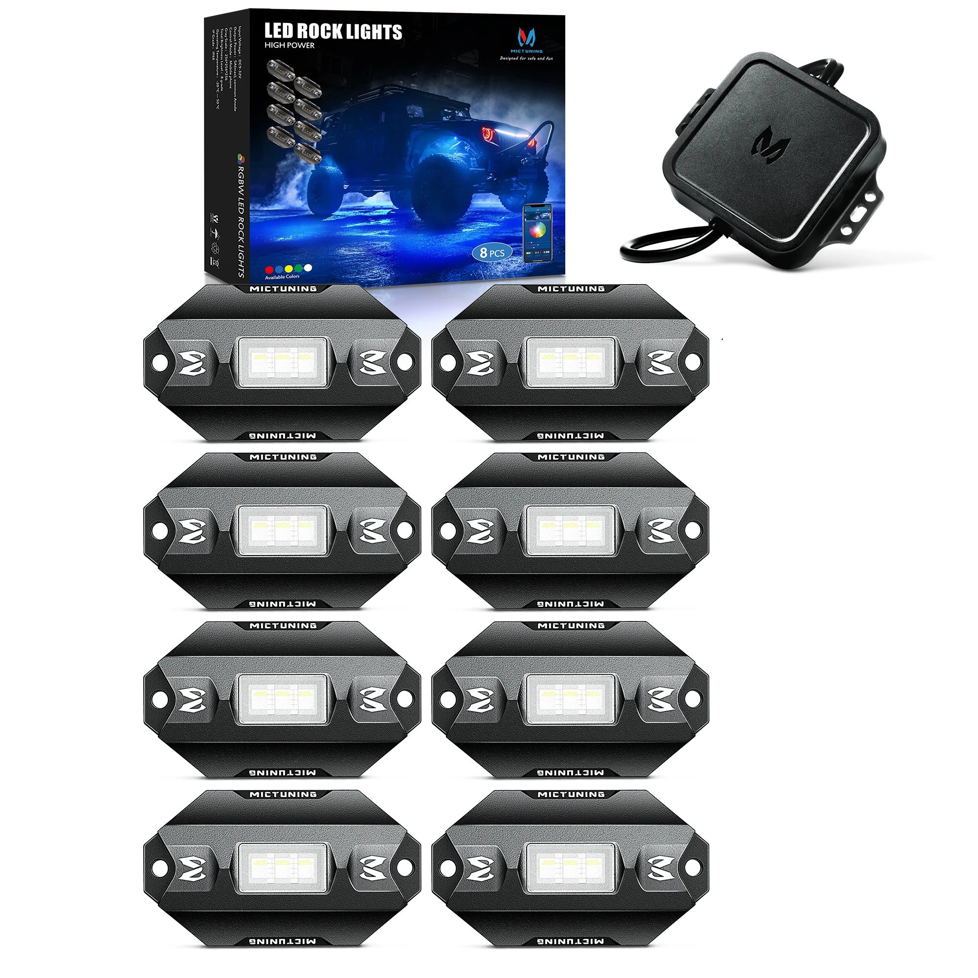 

MICTUNING 8 Pods RGBW LED Rock Lights 40W 2304LM- Multicolor Underglow Neon Light Kit with Bluetooth Controller IP68 Waterproof
