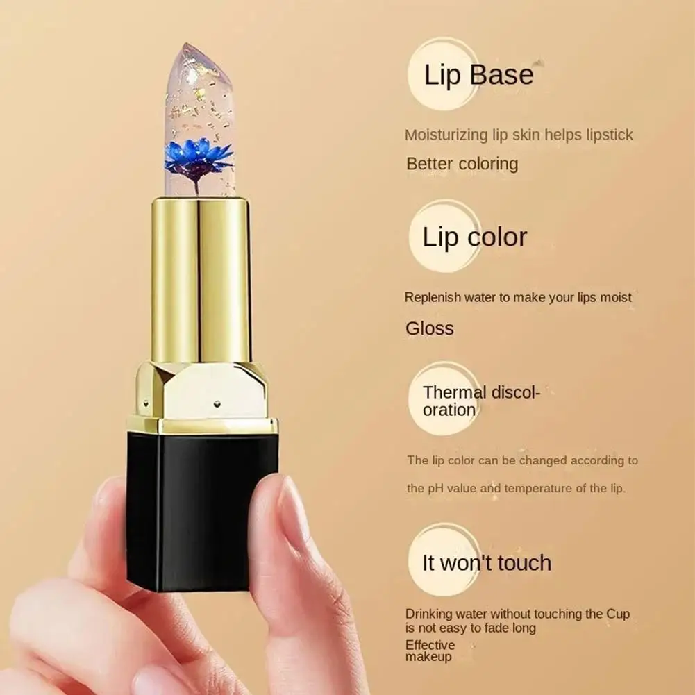 Lápiz labial de gelatina de cristal con flores frescas en el interior, hidratante, brillo de labios transparente, bálsamo que cambia de Color con temperatura, lápiz labial de estado de ánimo