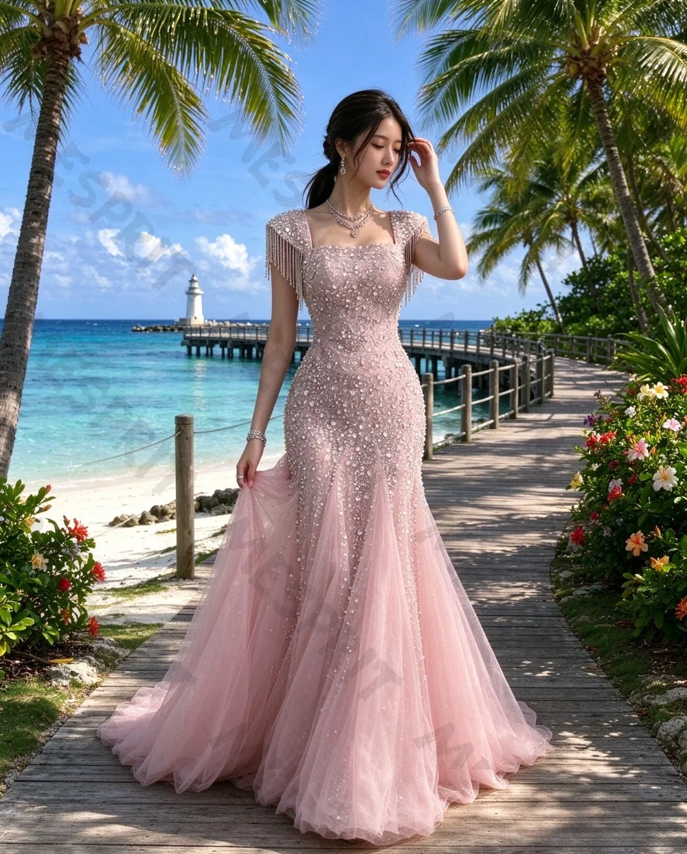Customized Luxury Chiffon Beaded Hat Sleeve Tassel Evening Dress 2026 Shiny Square Neck Mermaid Dance Gown Suitable for Parties