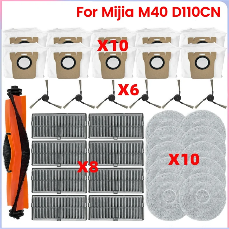 

A63X-For Xiaomi Mijia M40 D110CN Vacuum Cleaner Parts Main Roller Side Brush Hepa Filter Mop Cloth Dust Bag Accessories