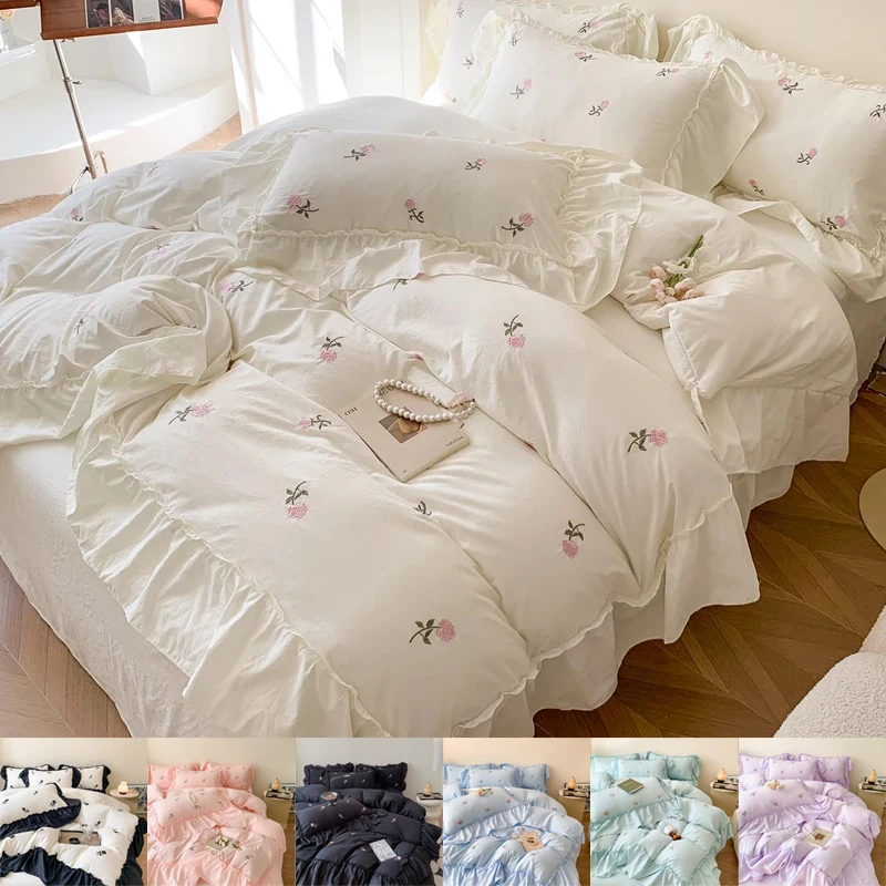 

4PCS Elegant Rose Embroidery Bedding Set Lace Duvet Cover Set(1*Duvet Cover + 1*Bed Sheet + 2*Pillowcase) for Bedroom Guest Room