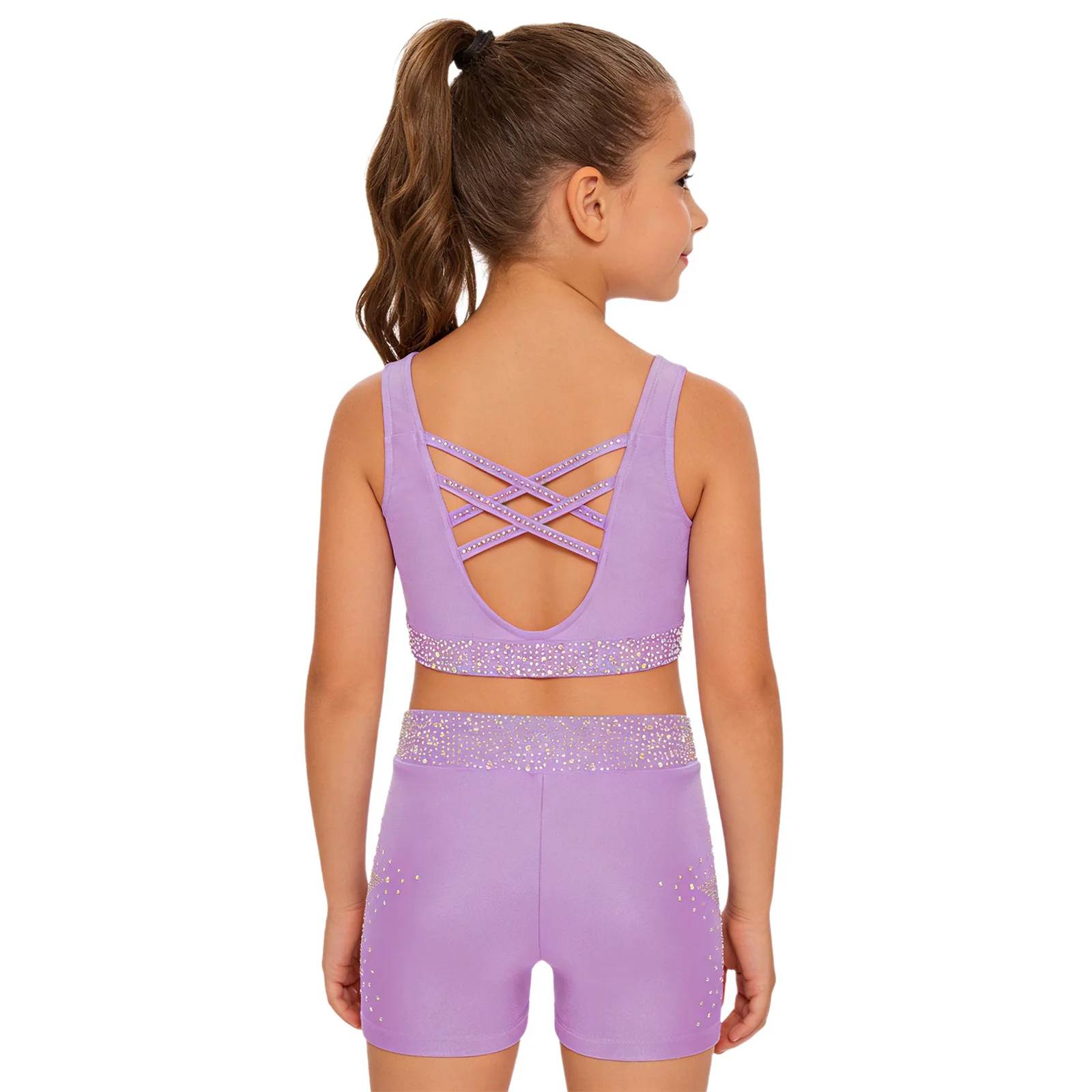 Teen Girls Shiny Rhinestones Ballet Dance Gymnastics Figure Skating Costume U Neck Crisscross Back Cropped Vest Top with Shorts