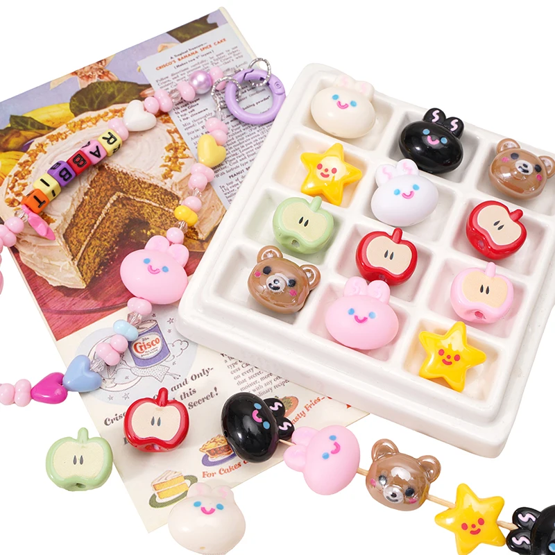 1pc Cute Apple Star Bear Rabbit Shape Beads Acrylic Spacer Loose Beads for Jewelry Making DIY Phone Chain Bracelet Accessories