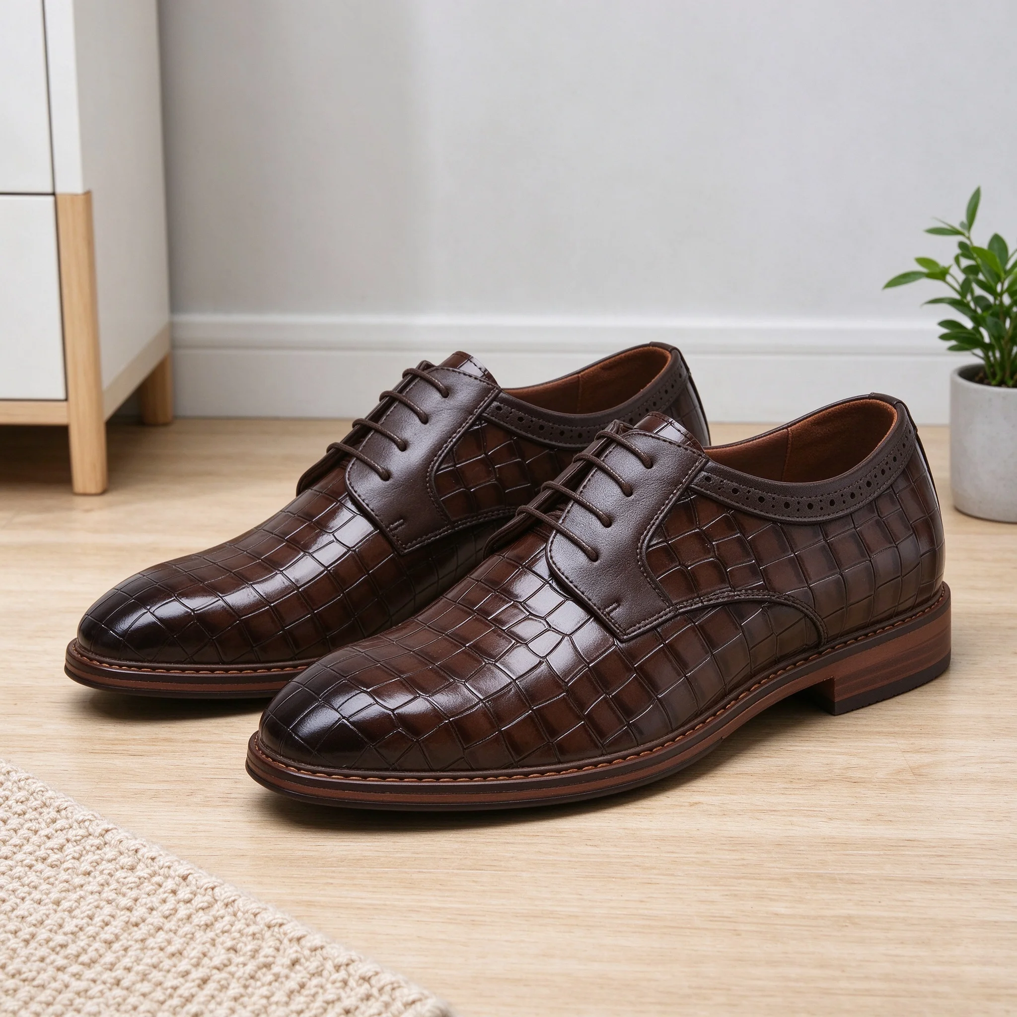 Desai Men's Dress Shoes Crocodile Print Faux Leather Oxford Lace Up Perforated Formal Business Shoes Comfortable Autumn Winter