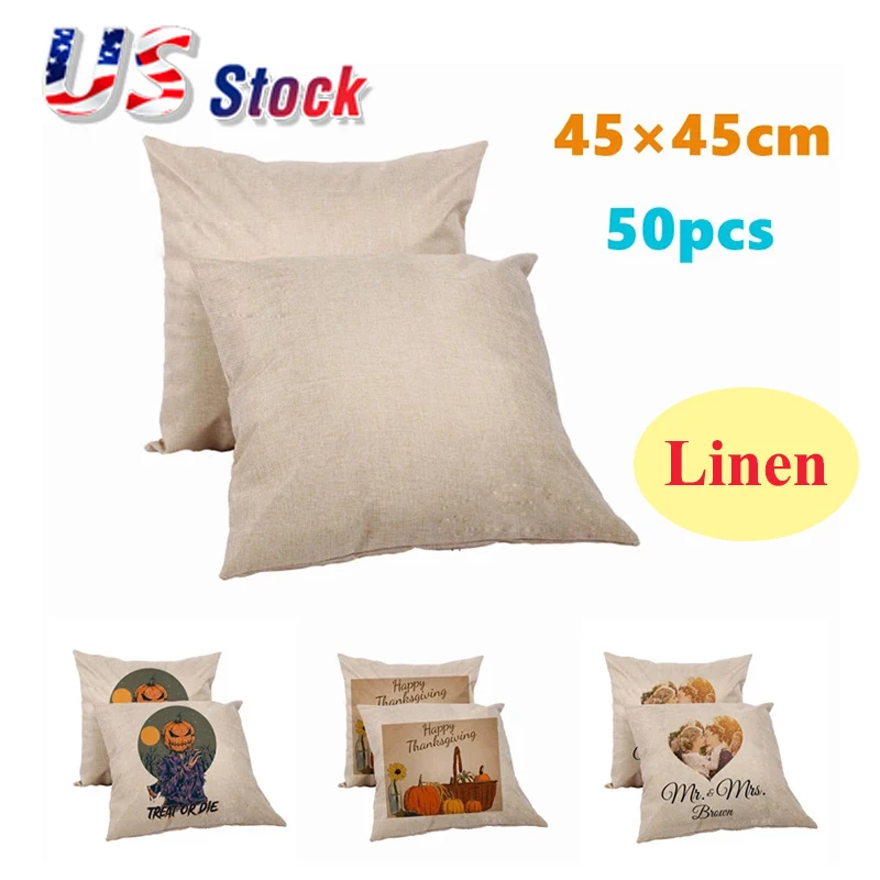 50pcs 45×45cm Linen Sublimation Heat Press Printing Blank Pillow Case Cushion Cover Pillowcase DIY Gift for Bulk Wholesale