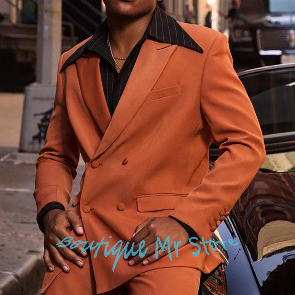 

Оранжевые мужские костюмы в стиле ретро, винтажный двубортный комплект из 2 предметов с остроконечными лацканами (куртка + брюки), повседневный вечерний костюм для банкета и вечеринки