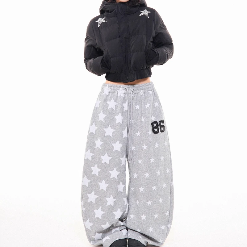 الأمريكية الرجعية ستار طباعة رمادي المرأة Sweatpants 2025 الخريف جديد فضفاض الحلو كول واسعة الساق الرياضة عادية الطابق بنطلون السيدات #4