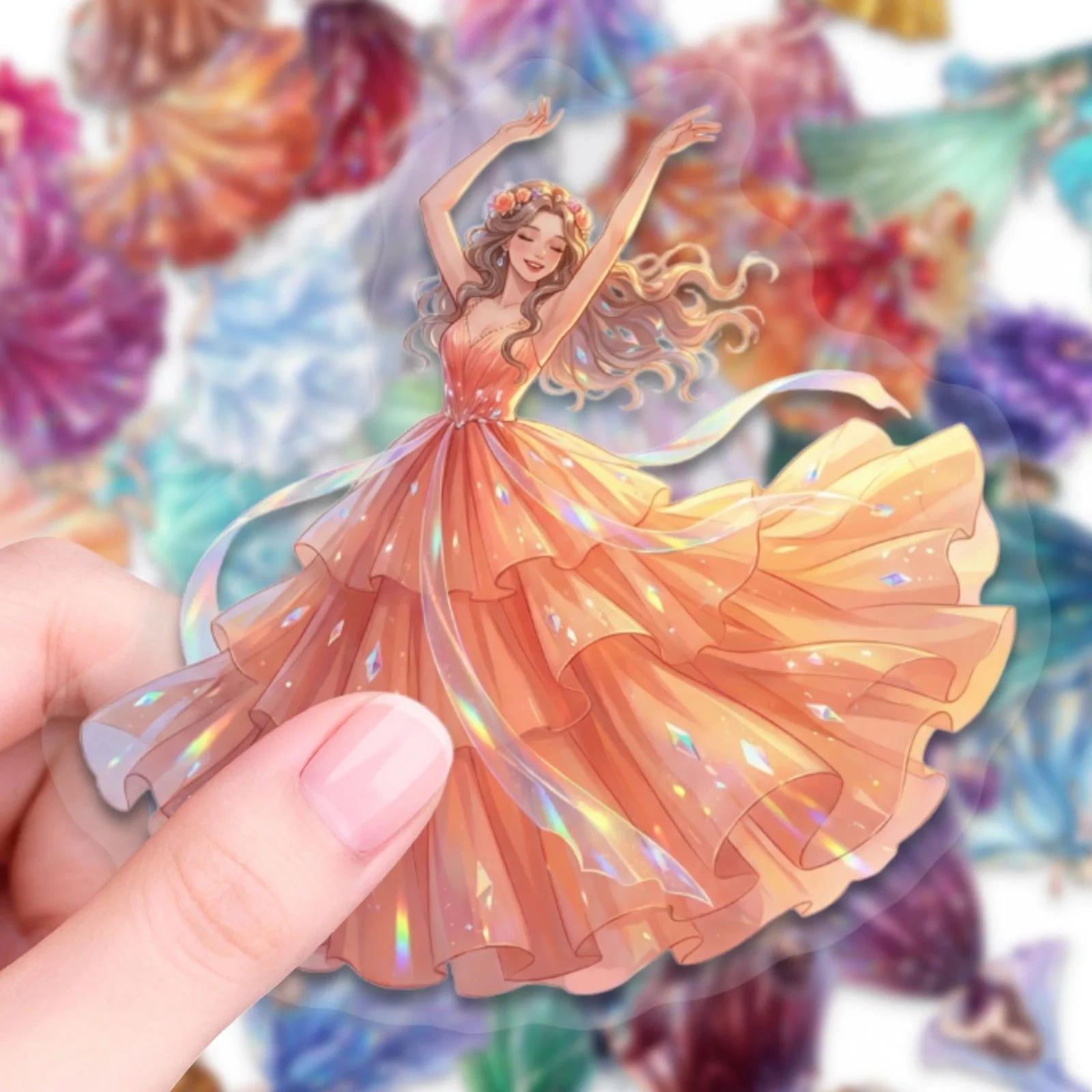 50Pcs Sparkly Princess Dress Stickers, Transparent PET Shiny Decals for Girls, Journal & Laptop Water Bottles