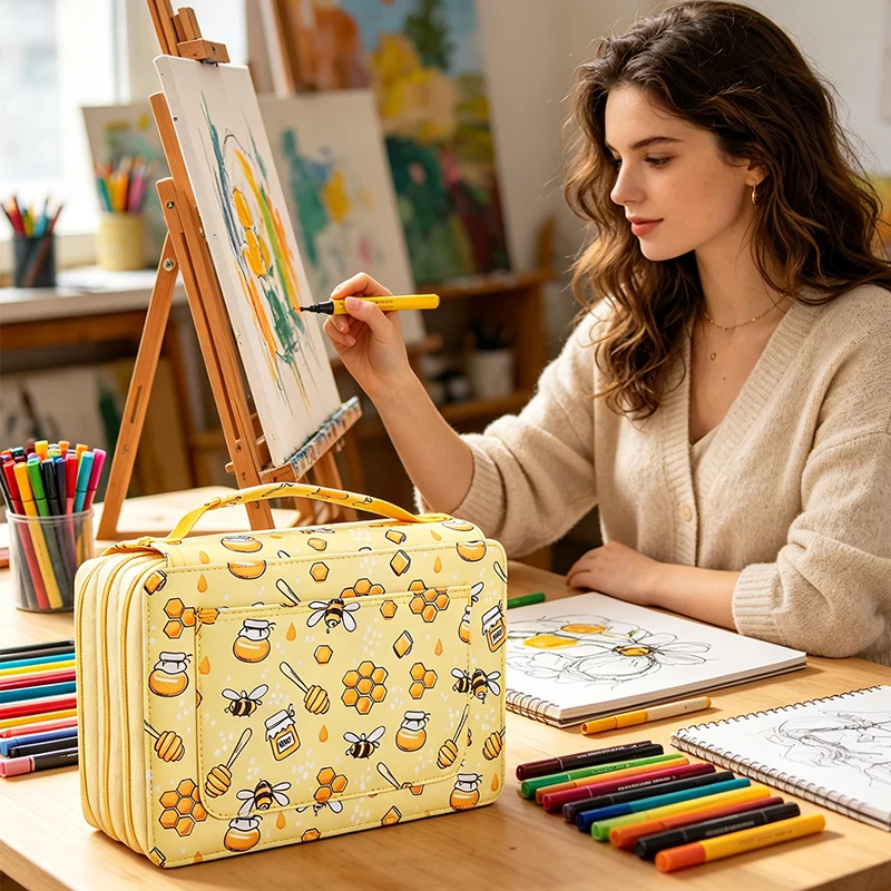 The Ultra-Practical 68/102-Hole Marker Pen Bag Is a Storage Essential for Painting Enthusiasts. Features a Cute Bee Print Design, with 2/3 Layers of Large Capacity Compartments That Can Easily Accommodate Markers, Making It Perfect for Students during Class, Art Students' Training, or Outdoor Sketching, Helping to Keep Your Drawing Supplies Neat and Organized, Say Goodbye to Clutter.