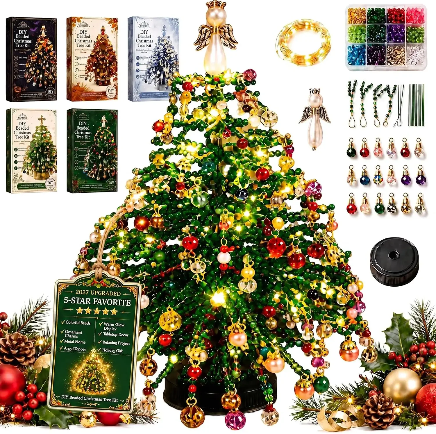 DIY Beaded Christmas Tree Kit with LED Lights 3D Crystal Bead Craft Making Set Handmade Mini Desk Xmas Decoration Holiday Gift