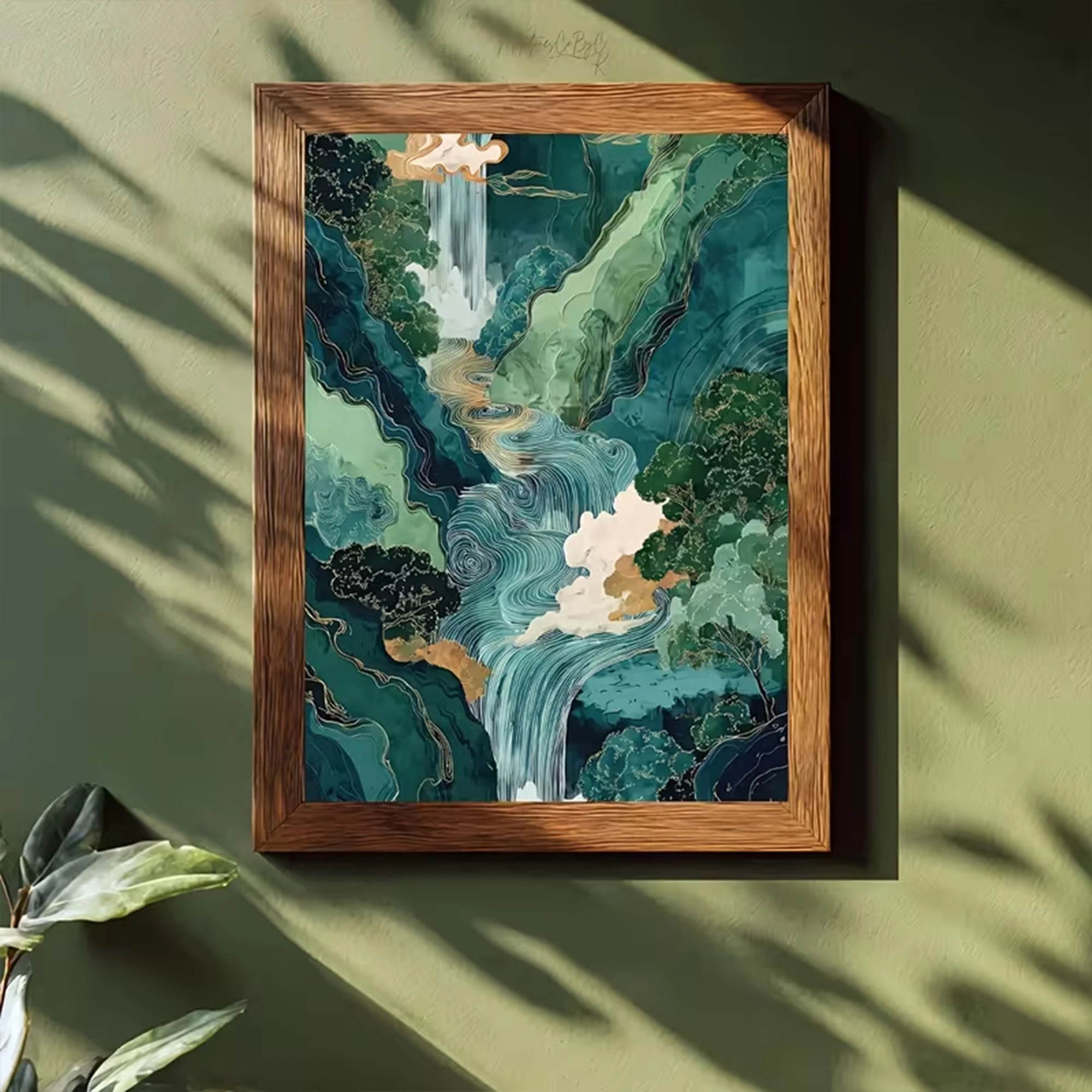 Modern Ukiyo-E Style Green Waterfall Landscape Wall Art Print Canvas Painting Poster Picture For Living Room,Bedroom Home Decor
