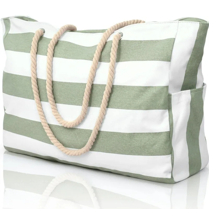 Striped Zipper Outer Bag Canvas Polyester Beach Bag for Outdoor Travel Seaside Vacation Large Capacity