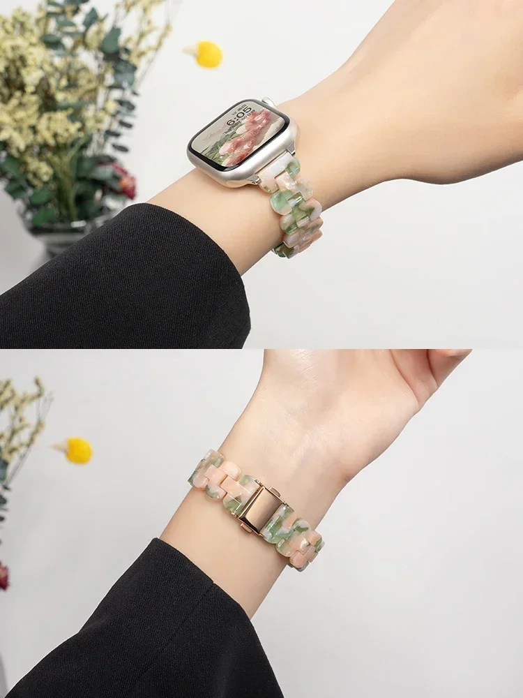 Resin Strap For Apple Watch band 45mm ultra 2 49mm 44mm 40mm 41mm 40 mm Slim glacier Link bracelet iwatch series 9/8/7/SE 6 5 4