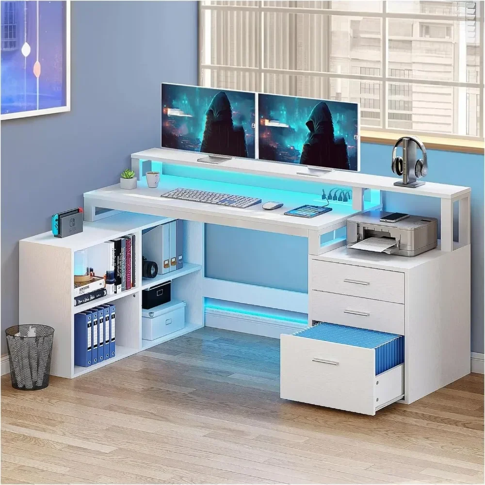 

65 Inches Computer Desk File Cabinet Power Outlets Monitor LED Lights Shelf Writing Shelves Drawer Office Study，Computer Desk