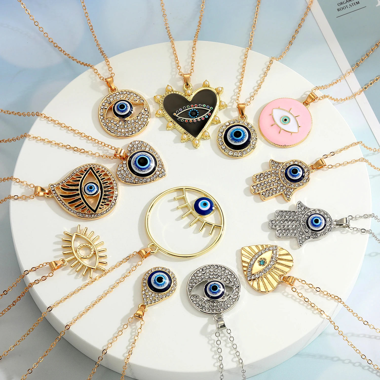 Fashion Lucky Blue Turkish Evil Eye Necklace Jewelry Women Gold Color Charm Crystal Hasma Fatima Hand Pendant Bijoux