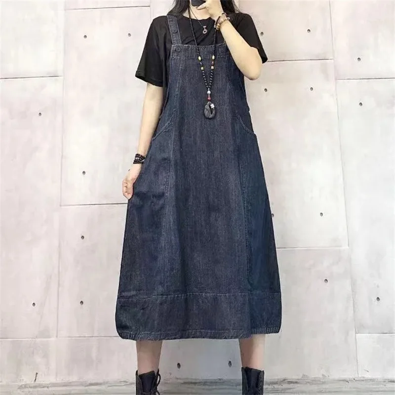 

2025 Summer New High Waist Oversized Casual Retro Cowboy Strap Dress Women's clothing Korean Fashion Pocket Denim A-line Dress