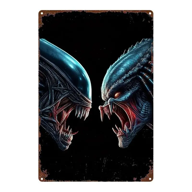 Alien vs Predator Duel Metal Sign 8x12 Inch, 2D Flat Metal Wall Art, 1-Piece Metallic Finish Decor for Home Bathroom Farmhouse G