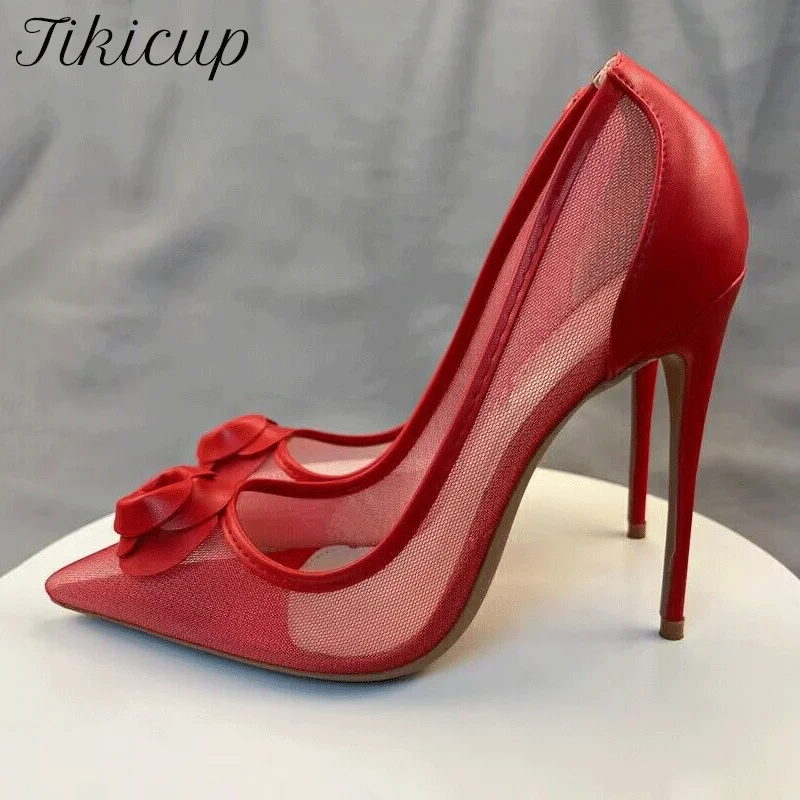 Tikicup Red Matte Women Summer Gauze Transparent Pointy Toe High Heel Shoes for Wedding Party Elegant Ladies Stiletto Pumps