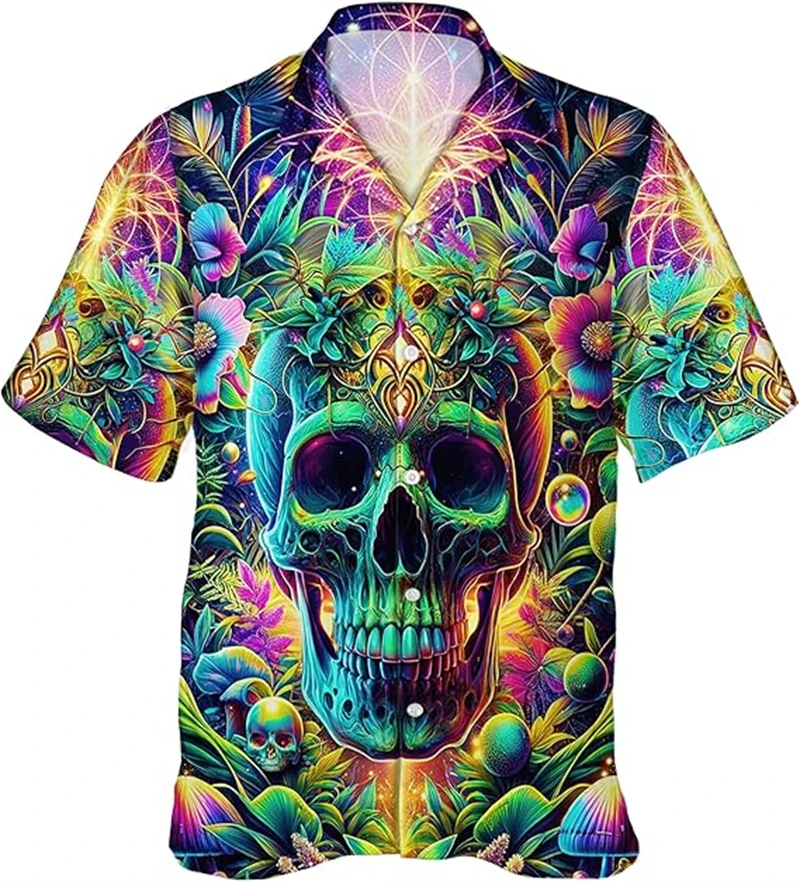 

Men's Psychedelic Skull Hawaiian Shirt 3D Trippy Print Colorful Casual Button Down Shirts Summer Abstract Pop Streetwear Blouse